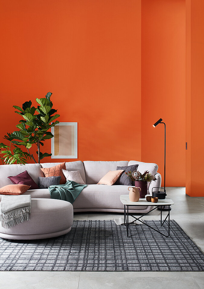 Raumgestaltung Wohnzimmer modern – helles Sofa mit bunten Kissen vor kräftig orangefarbener Wand, kombiniert mit Pflanzen und stilvollen Wohnaccessoires