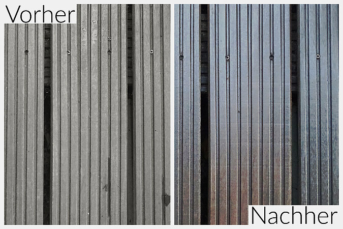 Gartenarbeiten Frühling: Vorher-Nachher Vergleich einer gereinigten Holzterrasse nach der gründlichen Frühjahrsreinigung im Garten