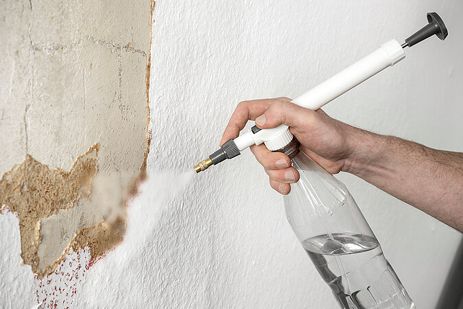 Wände richtig tapezieren – praktische Tipps zum Tapeten ablösen: Hand sprüht mit Sprühflasche Tapetenlöser auf beschädigte Wandfläche, um alte Tapetenreste effektiv einzuweichen und zu entfernen.