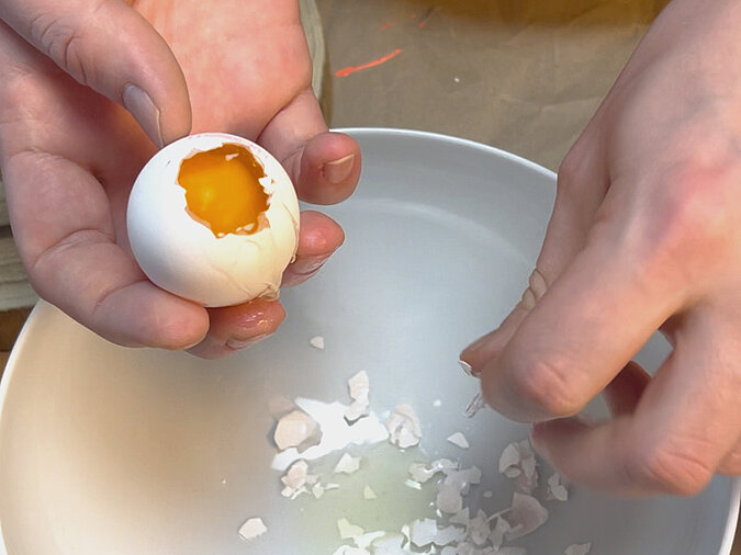 Osterkranz aus Eierschalen basteln indem das Ei ausgeleert und die Schale sorgfältig gesäubert wird