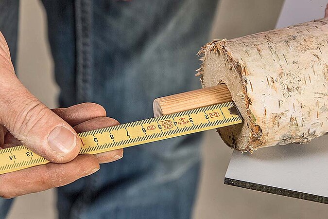 Eingeleimter Holzdübel an einem Birkenstamm für einen Raumteiler aus Birkenstämmen wird mit einem Zollstock ausgemessen