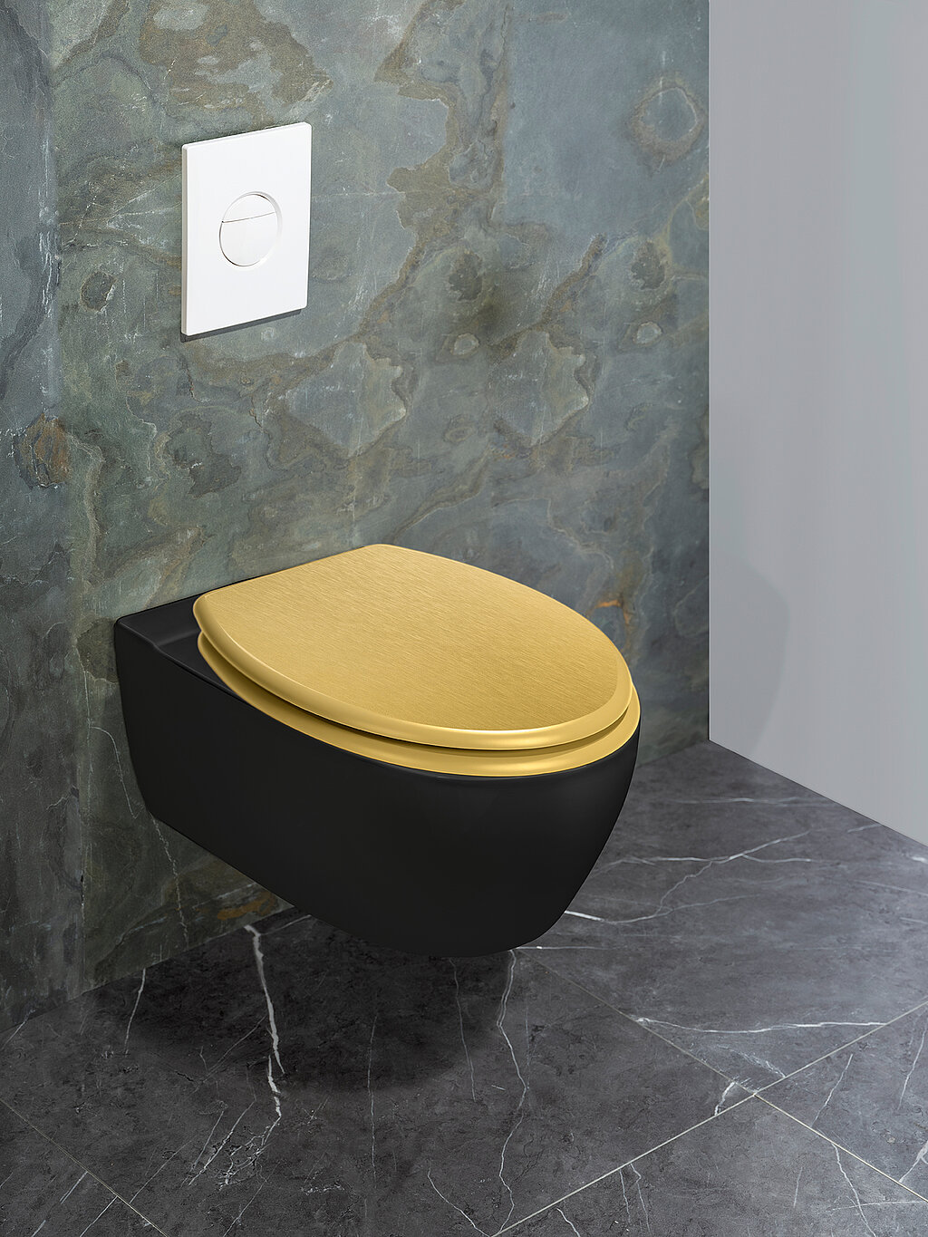 Klodeckel wechseln & pflegen – schwarzes Wand-WC mit goldenem Toilettendeckel als Design-Highlight