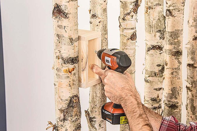 Kleines Holzregal wird mit einem Akkuschrauber am Raumteiler aus Birkenstämmen befestigt