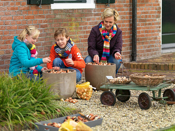 Frau und zwei Kinder in winterlicher Kleidung pflanzen vergnuegt Blumenzwiebel in zwei Pflanzenkuebel