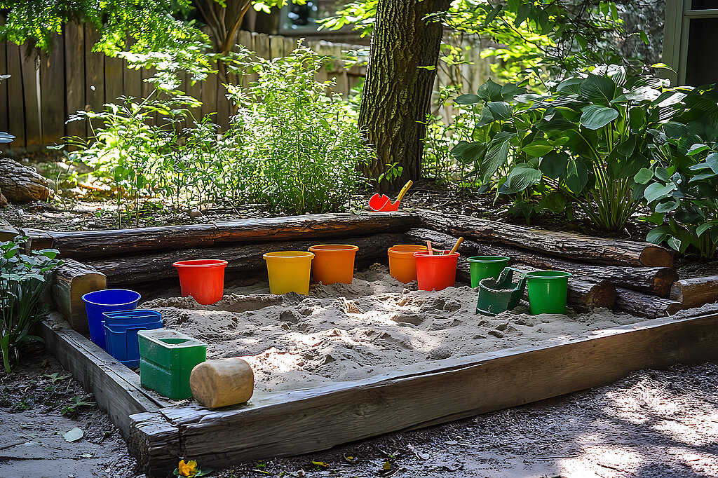 großer Sandkasten mit Spieleimern im Schatten