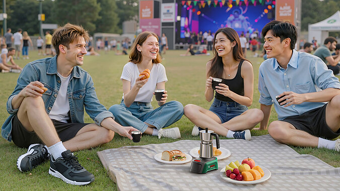 Festival Gadgets beim entspannten Picknick auf dem Festivalgelände mit Freunden, tragbarer Espressokocher, Snacks und Getränken auf Decke