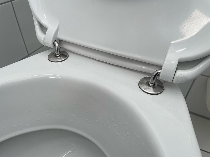 Klodeckel wechseln & pflegen – Detailaufnahme der Scharniere eines WC-Sitzes mit Edelstahlbefestigungen