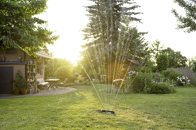 Wassersprenkler befeuchtet Rasen im Garten bei Abendlicht