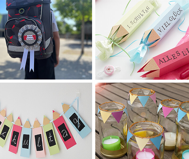 Einschulung Deko bastel wie Orden, Girlande, Wimpel-Windlichter und Geschenke für den ersten Schultag