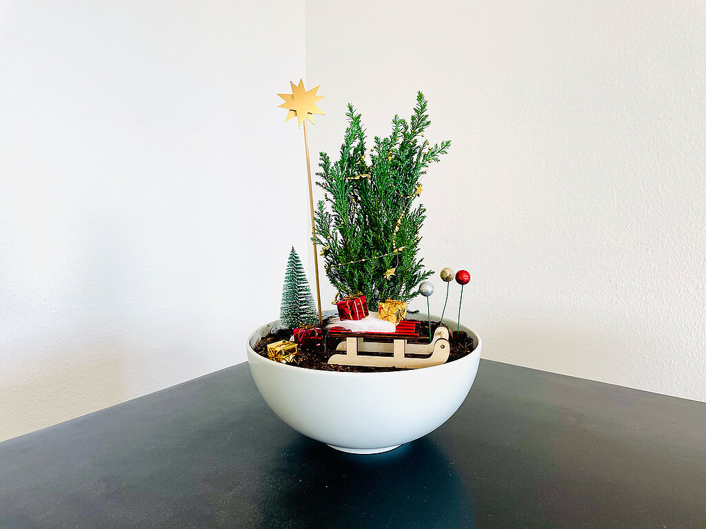 Tassengarten basteln im Weihnachtsstil mit Mini-Tannenbaum, Schlitten und kleinen Geschenken als festliche Dekoration