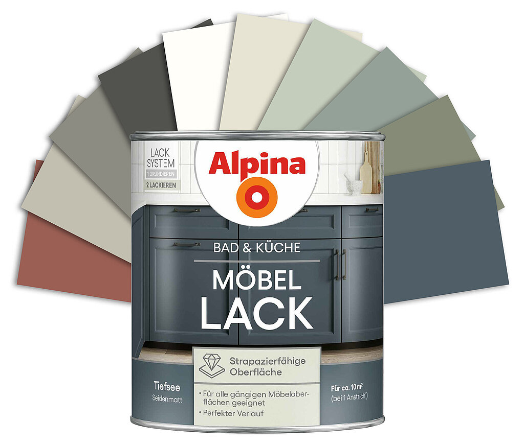 Alte Küche aufpeppen mit speziellem Möbellack für Bad und Küche von Alpina, ideal zum Streichen von Küchenfronten in modernen Farbtönen für eine schnelle Küchenrenovierung