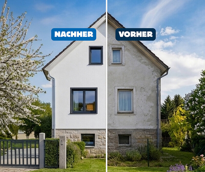 Energetisch sanieren: Vorher-Nachher-Vergleich eines Einfamilienhauses mit modernisierter Fassade und neuen Fenstern nach der Sanierung.